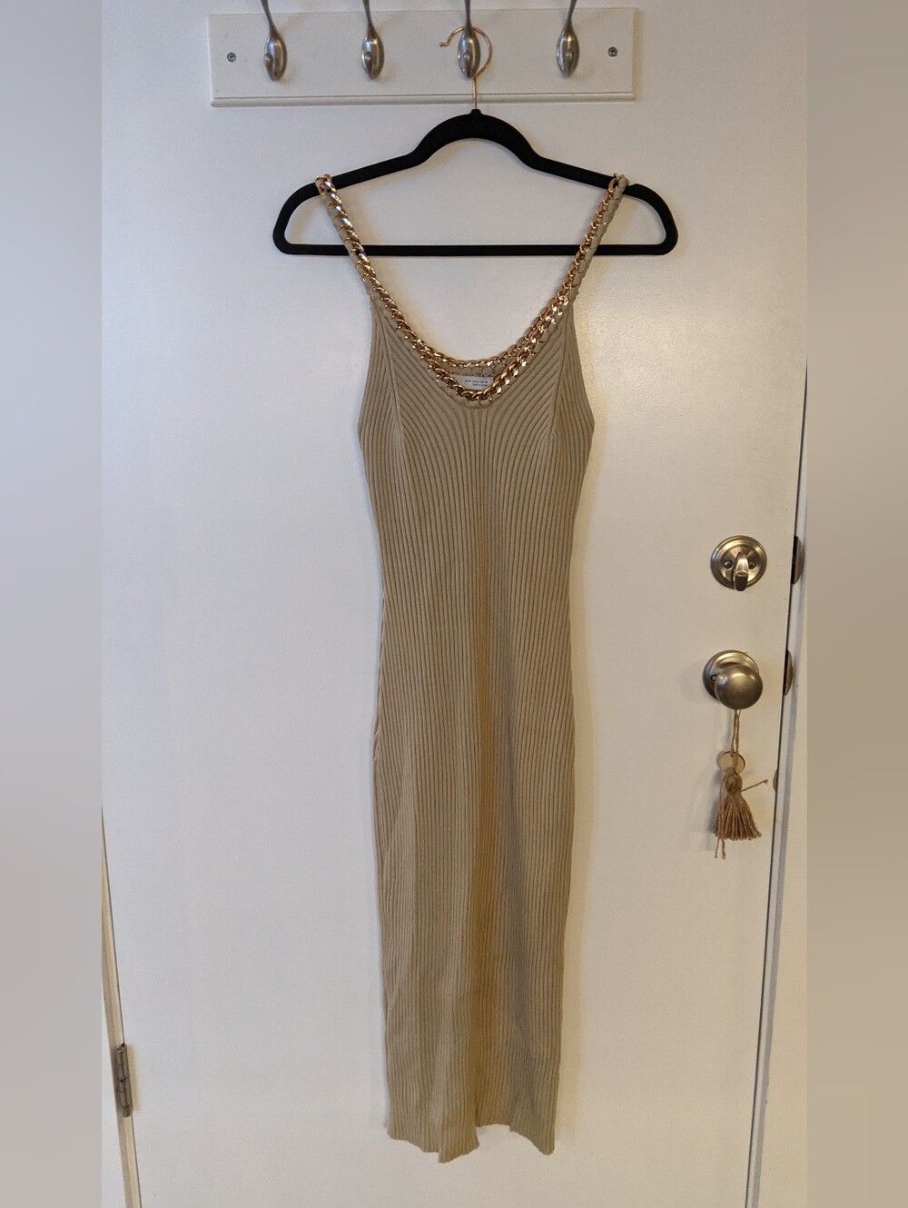 Zara Beige Ribbed Midi Dress with Gold Chain Straps